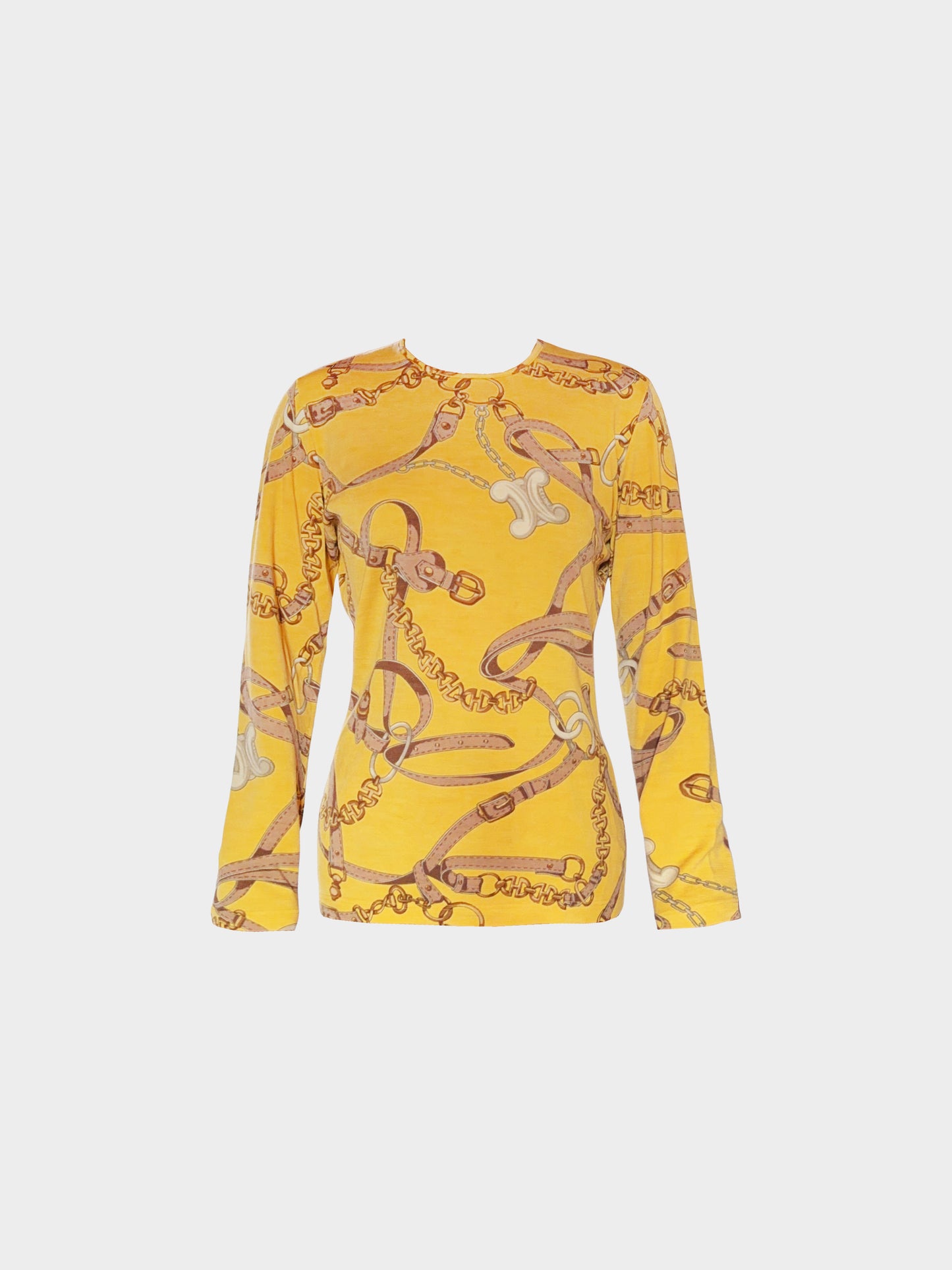 Céline 1995 Yellow Jersey Wool Belt and Chain Printed Long Sleeve Top