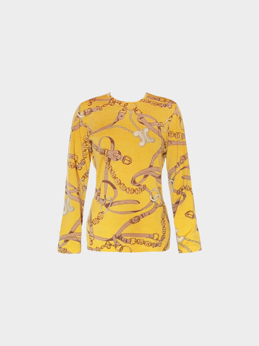 Céline 1995 Yellow Jersey Wool Belt and Chain Printed Long Sleeve Top