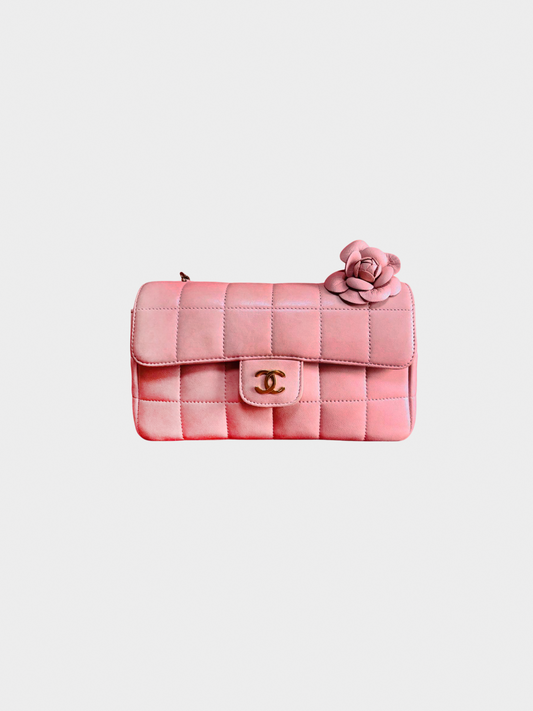 Chanel 2004 Pink Lambskin Quilted Chocolate Bar Camellia Flap Bag