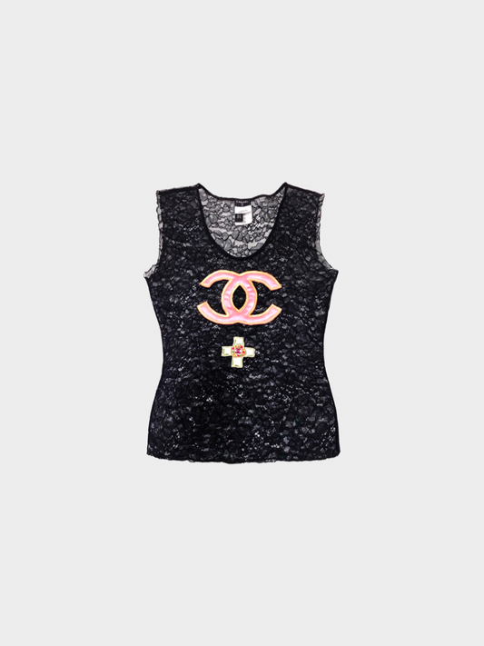 Chanel by Karl Lagerfeld Cruise 2004 Black Lace Embellished Tank Top