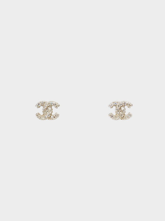 Chanel 2000s Silver CC Rhinestone Stud Earrings