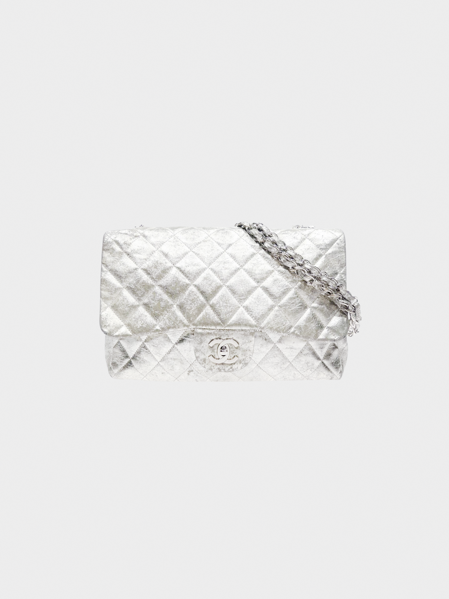 Chanel 2000s Silver Quilted Leather Classic Single Flap Bag