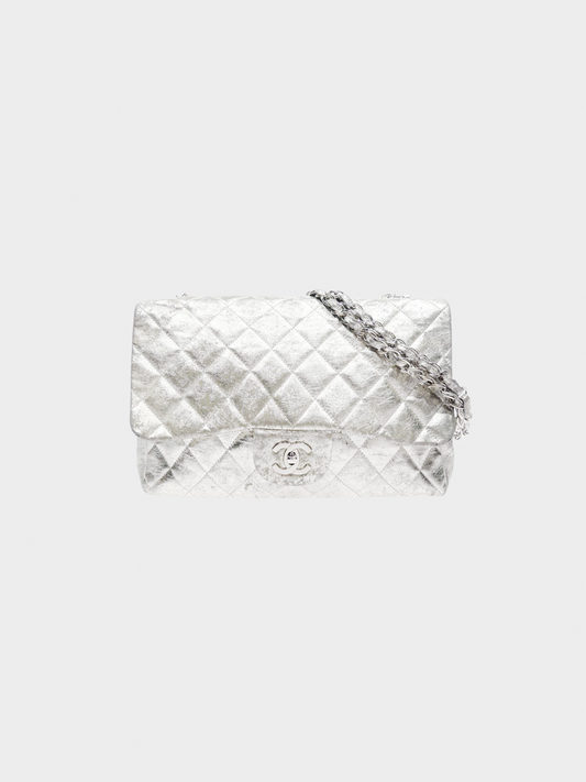 Chanel 2000s Silver Quilted Leather Classic Single Flap Bag