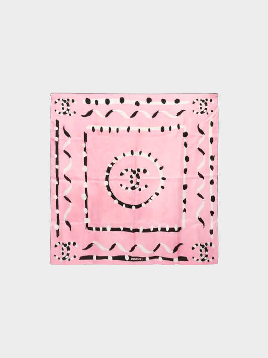 Chanel 1986-1988 Pink and Black Coco Mark Silk Scarf
