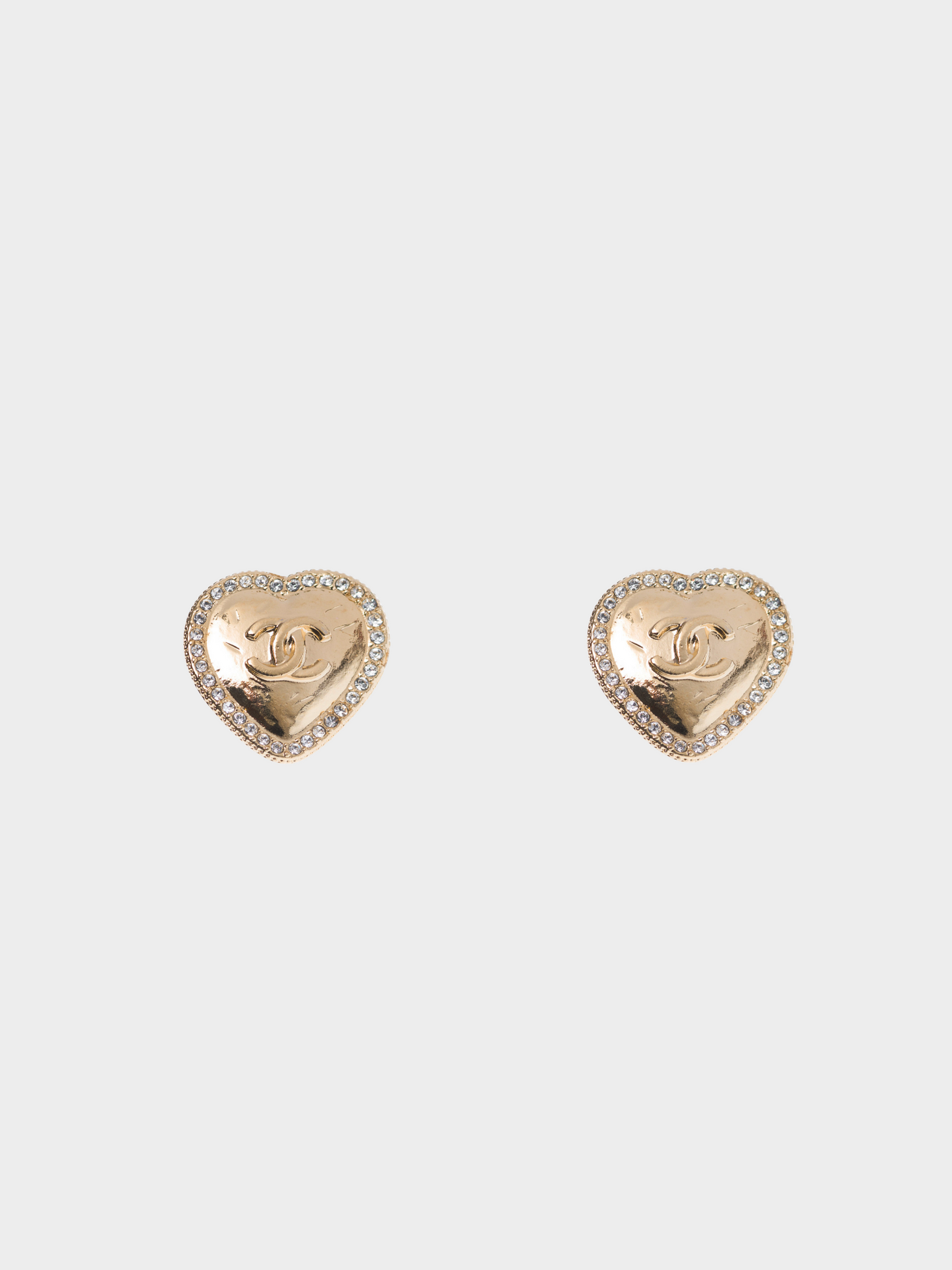 Chanel SS 2024 Gold CC Heart Rhinestone Trimmed Stud Earrings