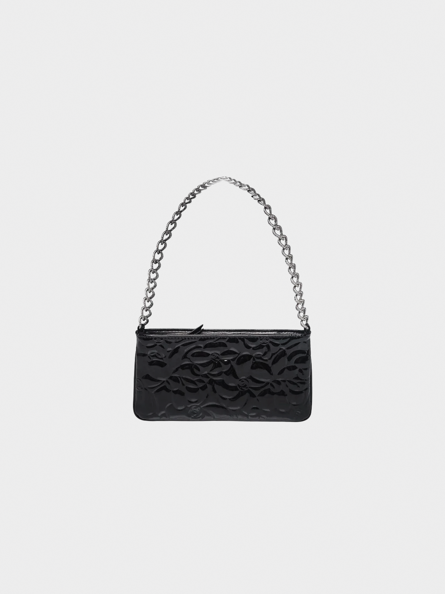 Chanel 2000s Black Camellia Embossed Patent Leather Mini Pochette Bag