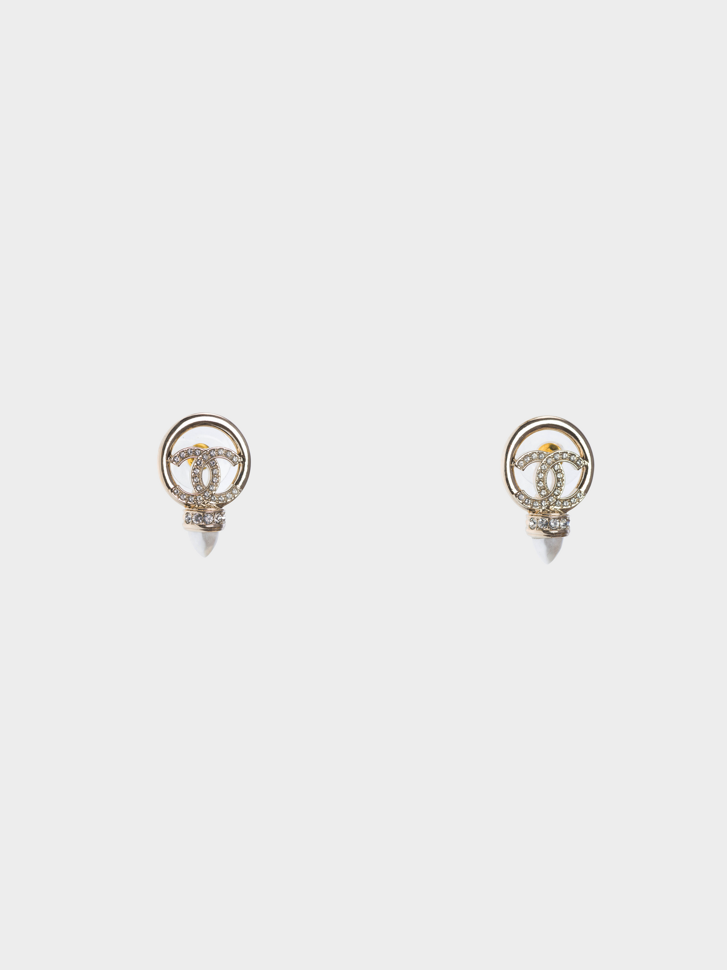 Chanel 2020s Gold Rhinestone with White Pearl CC Logo Earrings