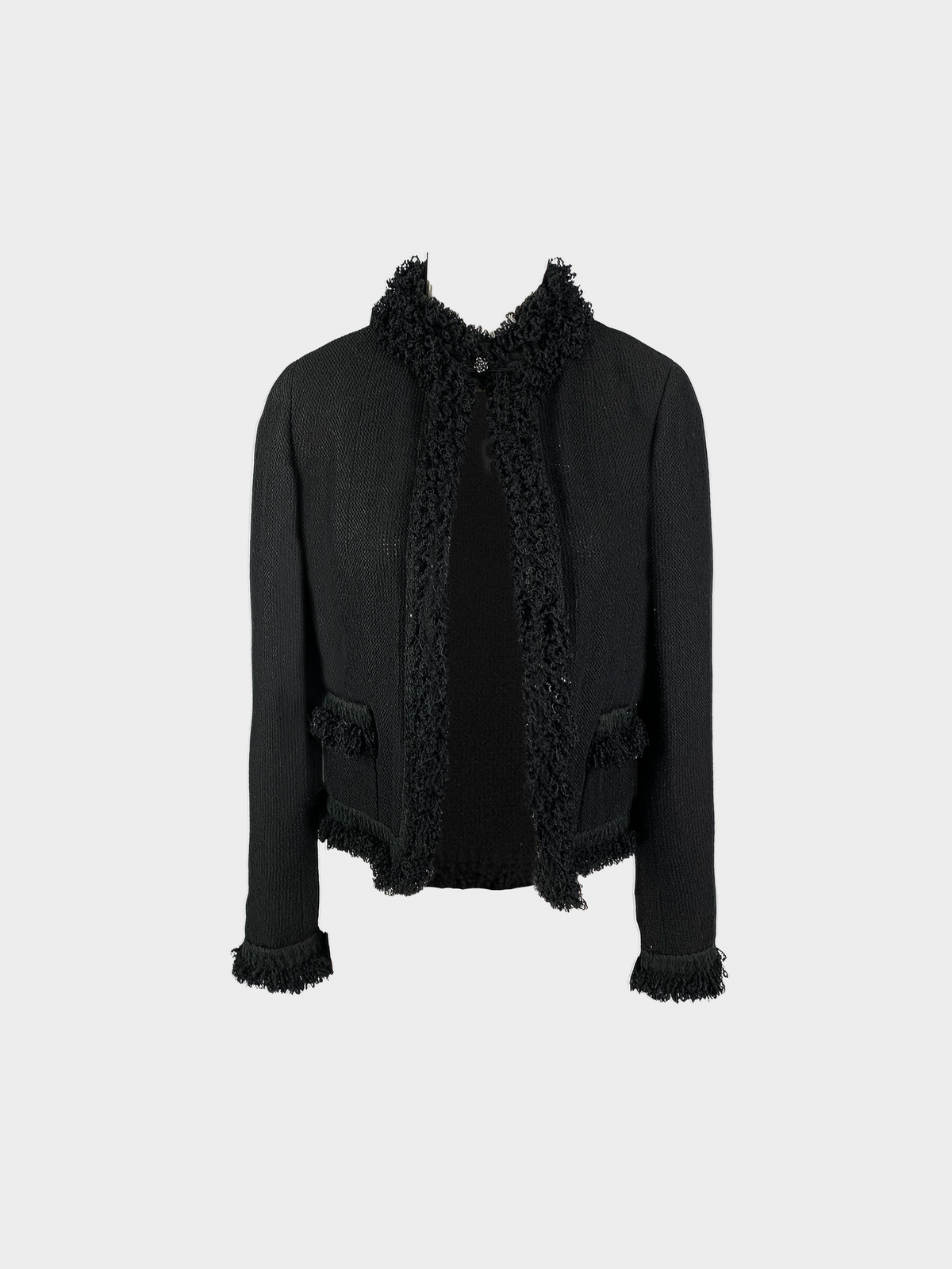 Chanel 2003 Black Tweed Fringe Trim Jacket