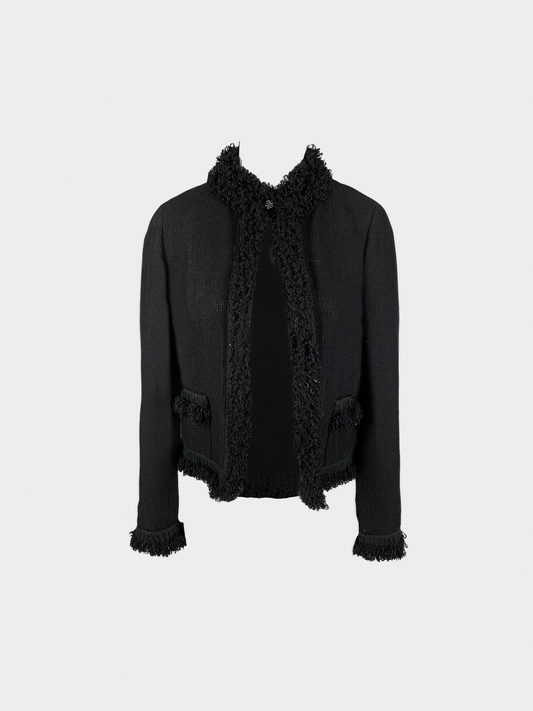 Chanel 2003 Black Tweed Fringe Trim Jacket