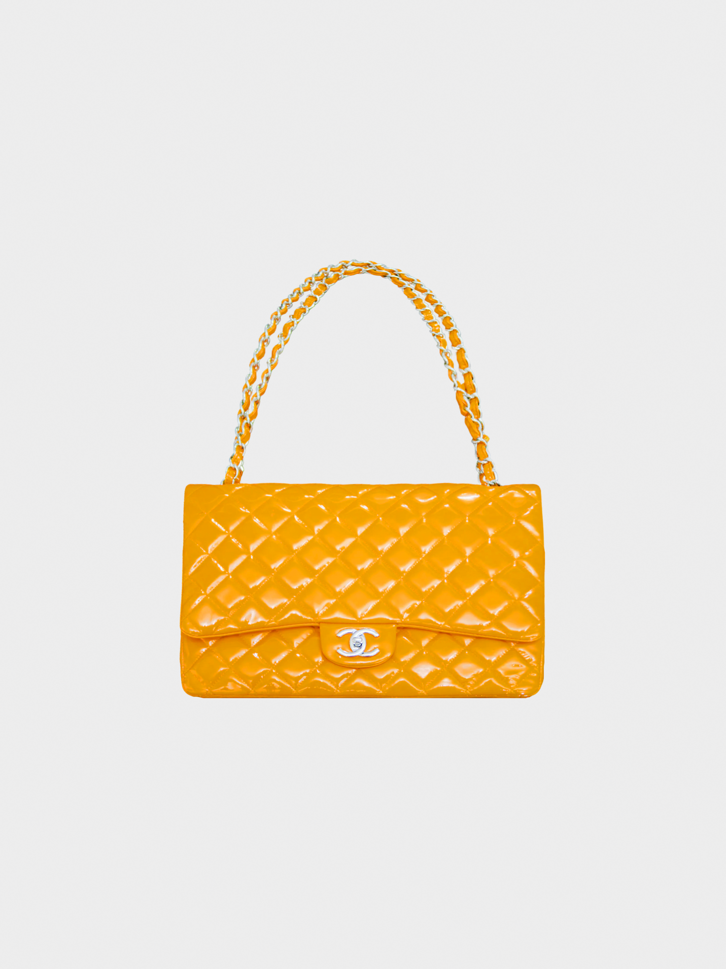 Chanel 2010s Orange Classic Patent Jumbo Double Flap Bag