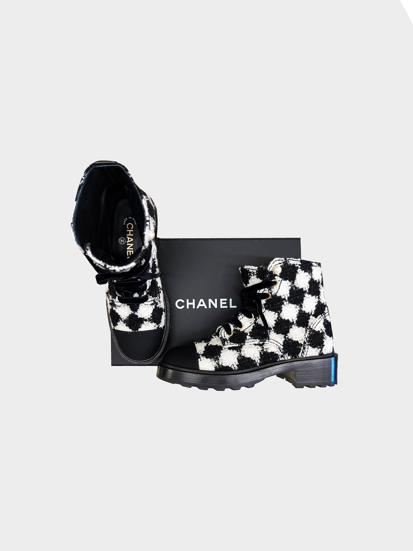 Chanel Pre-Fall 2021 Houndstooth Tweed Combat Boots
