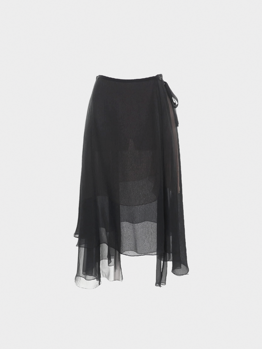Chanel 2007 Black Silk Sheer Ribbon Skirt