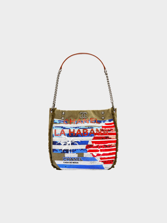 Chanel Cruise 2016-2017 Limited-Edition Olive Green Canvas and Sequin Cuba La Habana Hobo Bag