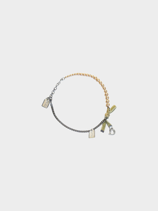 Christian Dior 2000s Velvel Bow, Pearls, and Chain Link D Logo Rhinestone Bracelet