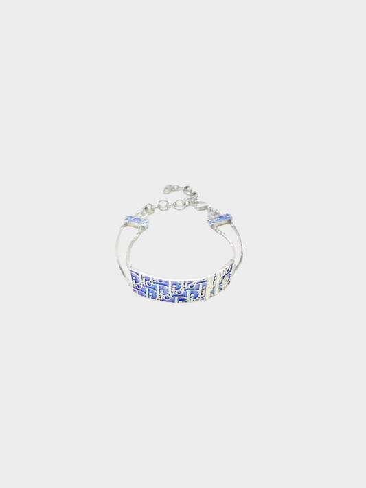 Christian Dior 2000s Blue Monogram Logo Enamel ID Plate Silver Multi Chain Bracelet