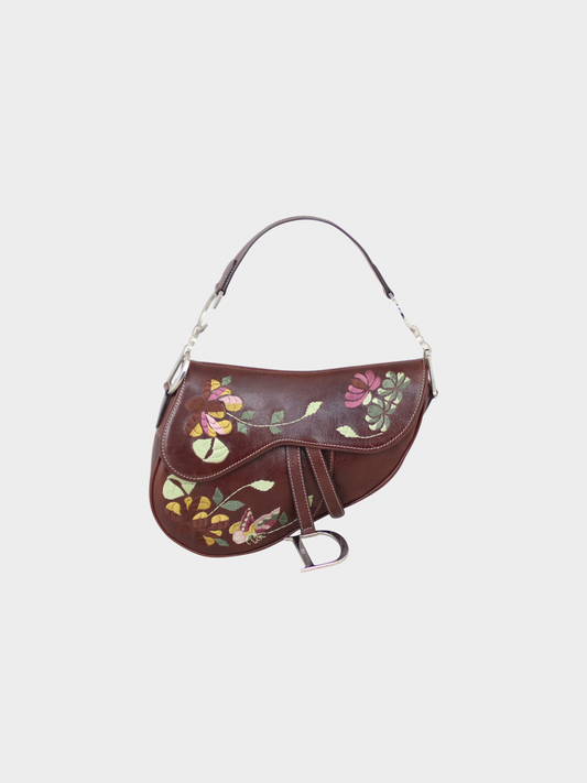 Christian Dior 2000s Brown Embroidered Floral Saddle Bag