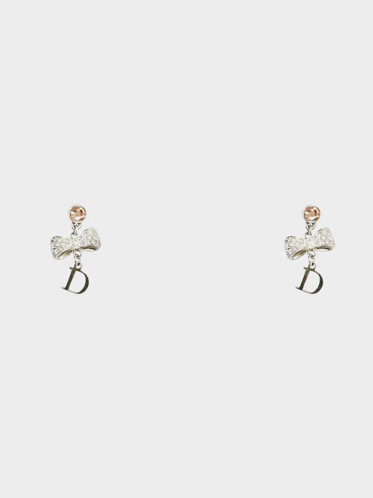 Christian Dior 2000s Bow Crystal Silver-tone Dangle Earrings