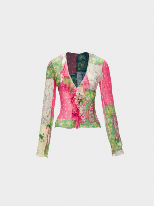 Christian Dior SS 2004 Pink and Green Silk Paisley Top