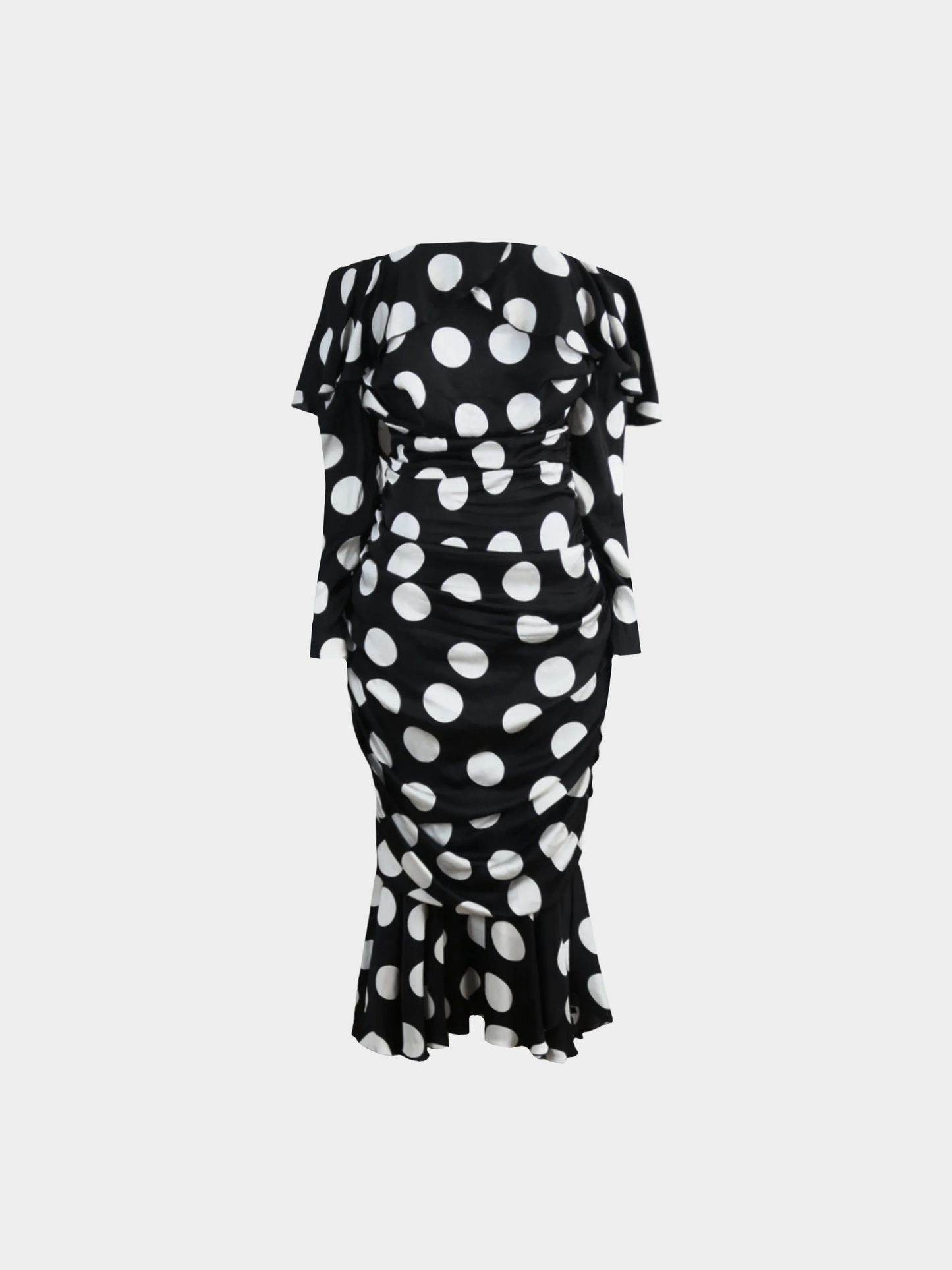 Dolce and Gabbana SS 2019 Black Silk Long Sleeved White Polka dot Midi Dress