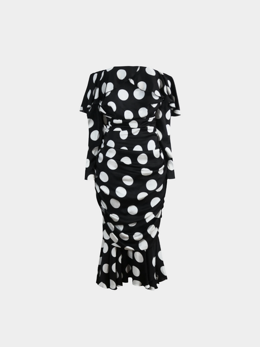 Dolce and Gabbana SS 2019 Black Silk Long Sleeved White Polka dot Midi Dress