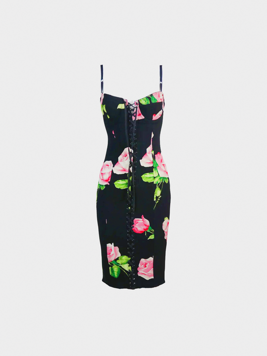 Dolce and Gabbana SS 2003 Black Lace-Up Corset Lingerie Silk Dress
