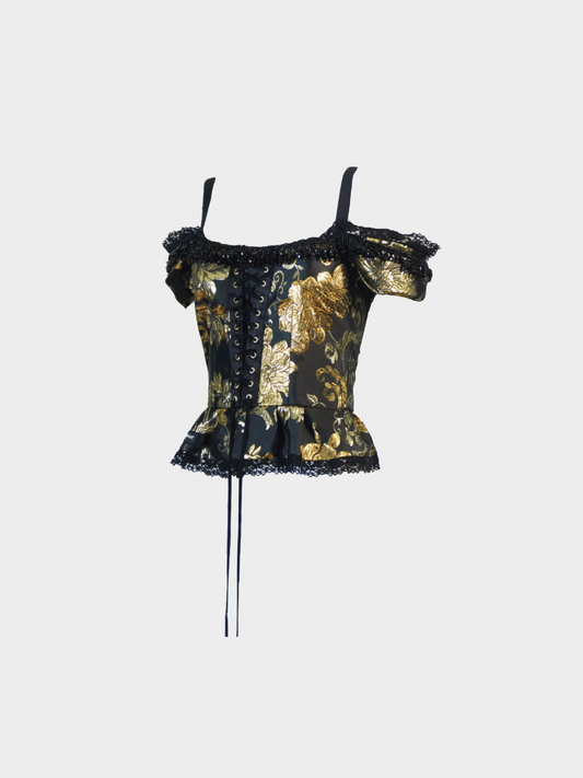 Dolce and Gabbana FW 2017-2018 Runway Black and Gold Jacquard Bead Detail Off Shoulder Corset Top