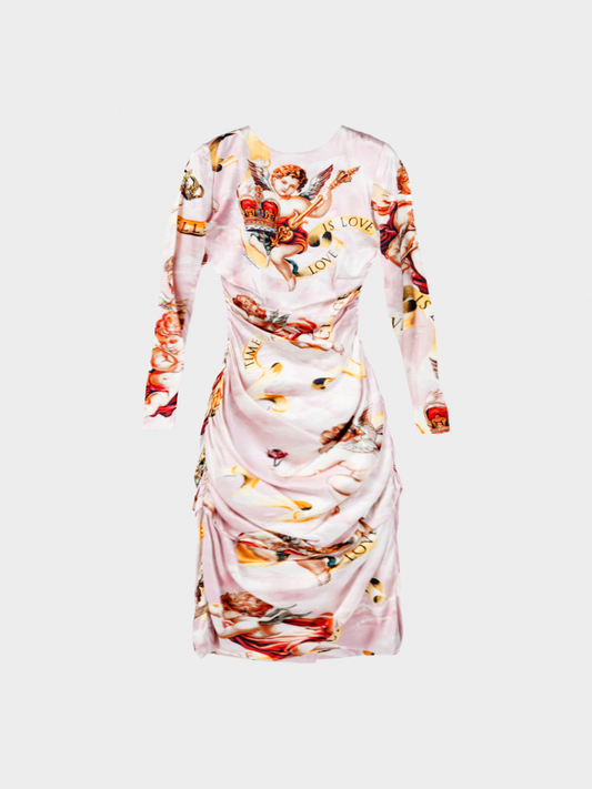 Dolce and Gabbana SS 2018 Pink Silk-Satin Cherub-Print Midi Dress