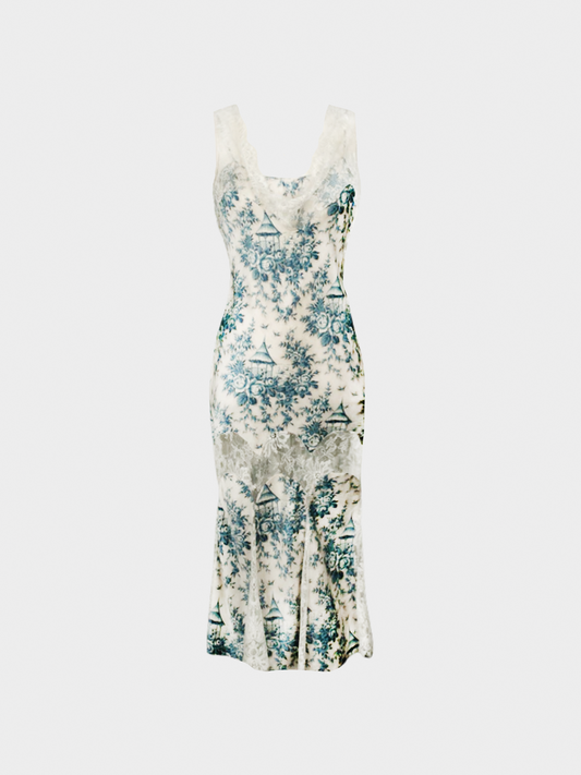 John Galliano FW 2003-2004 'In The Mood' Blue Printed Lace Midi Dress