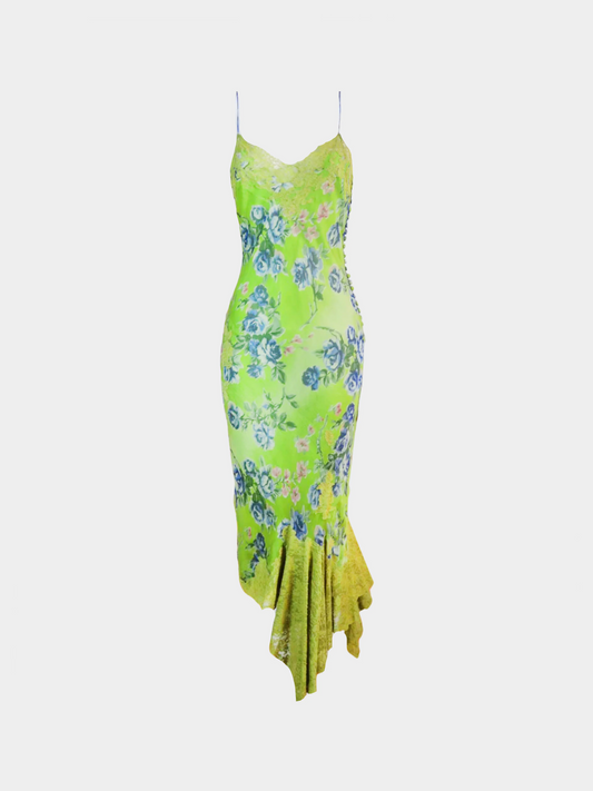 Christian Dior FW 2000 Green Silk Floral Maxi Dress