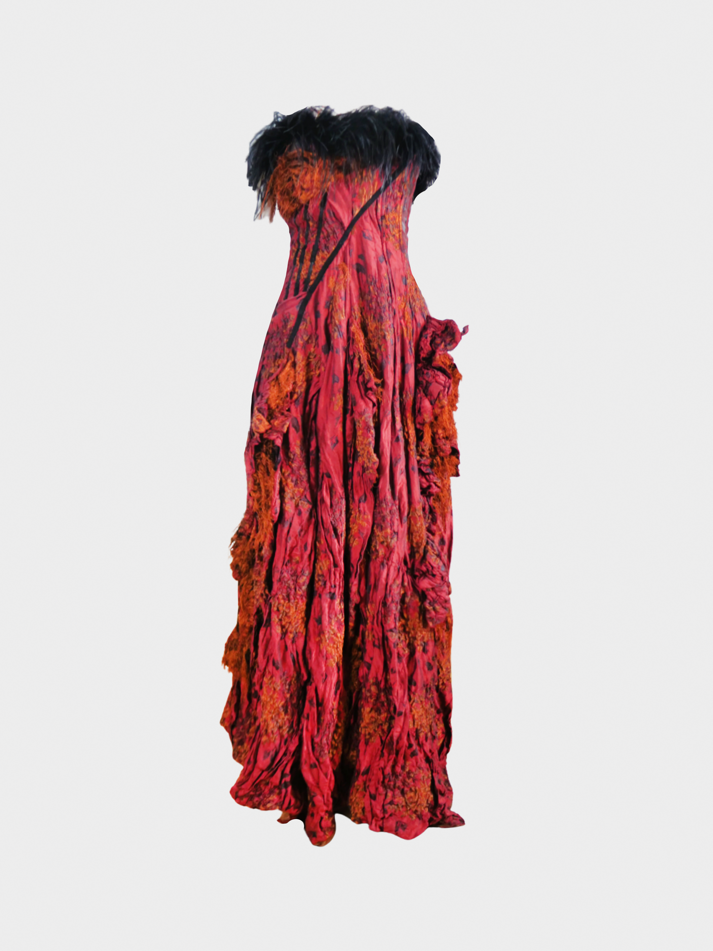 Christian Lacroix FW 2002 Red Tapestry Design with Ostrich Feather Gown