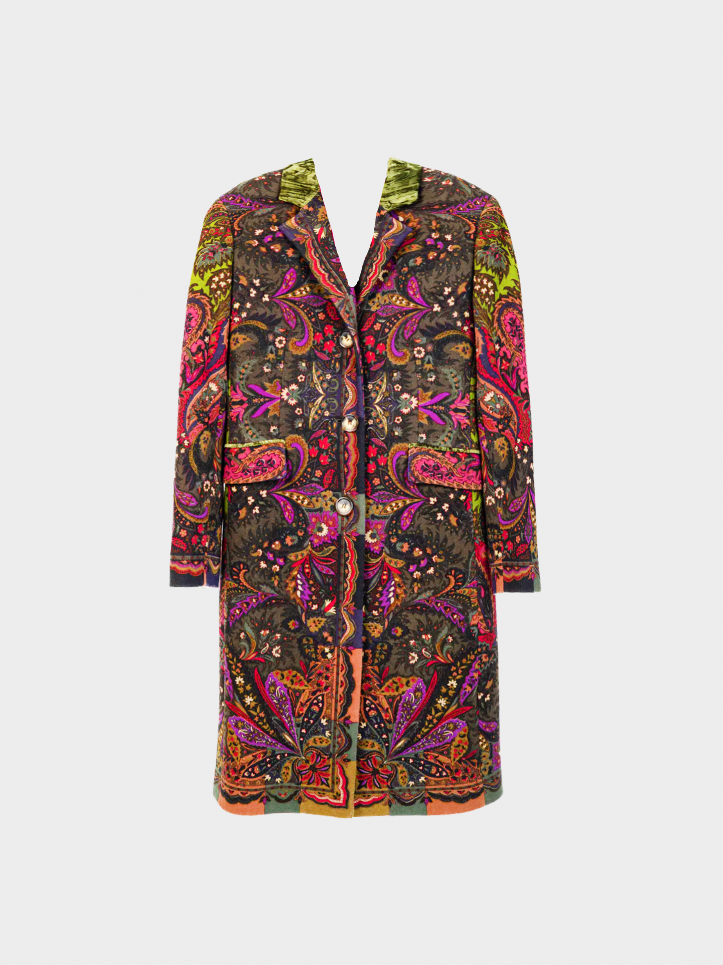 Etro 2000s Green Paisley Wool Buttoned Chester Coat