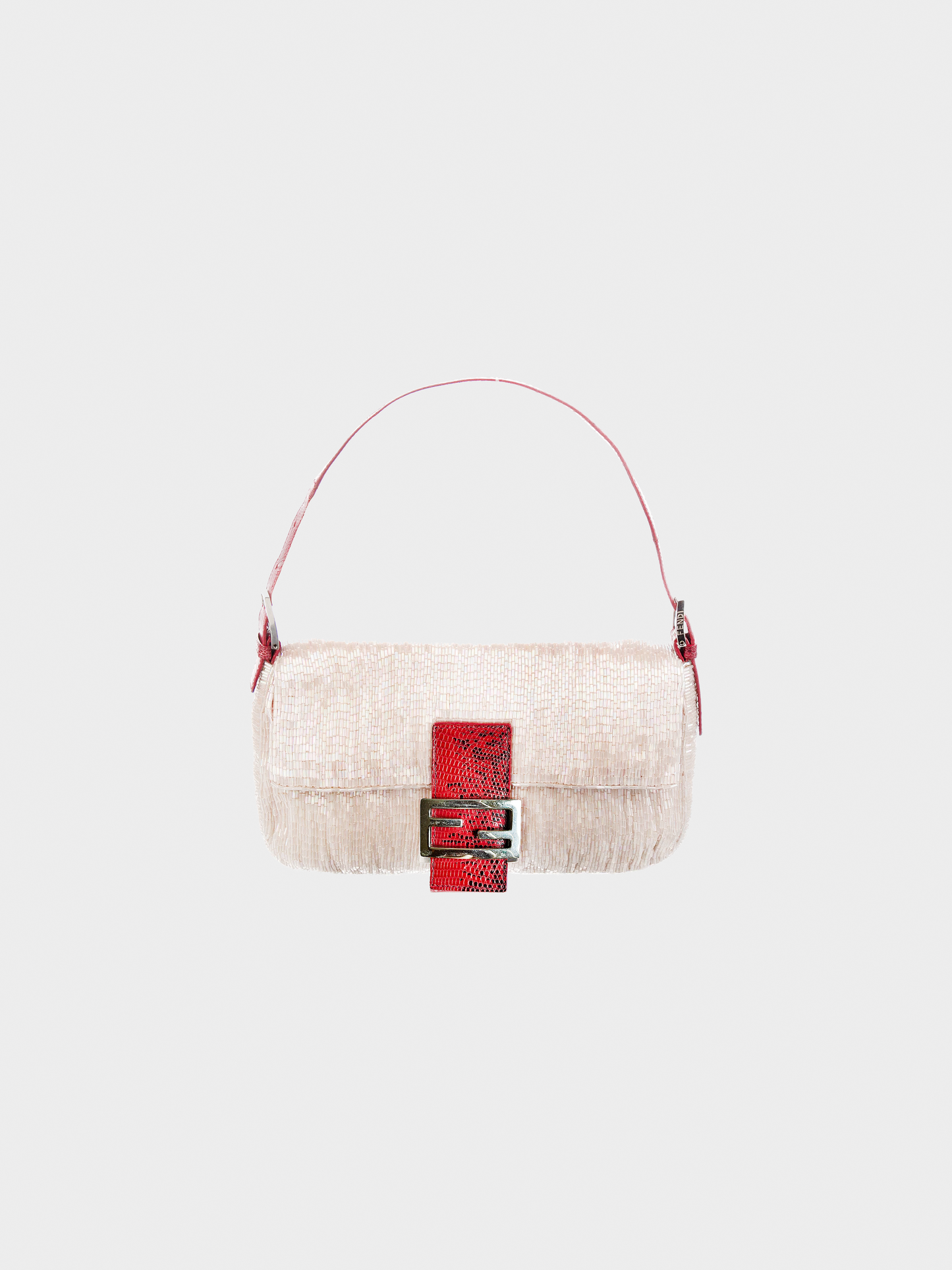 Fendi 2000s Beige Sequined Red Lizard Baguette Bag