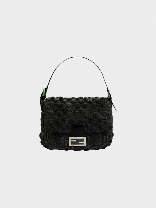 Fendi 2000s Black Wool Crochet Fendi Mama Baguette