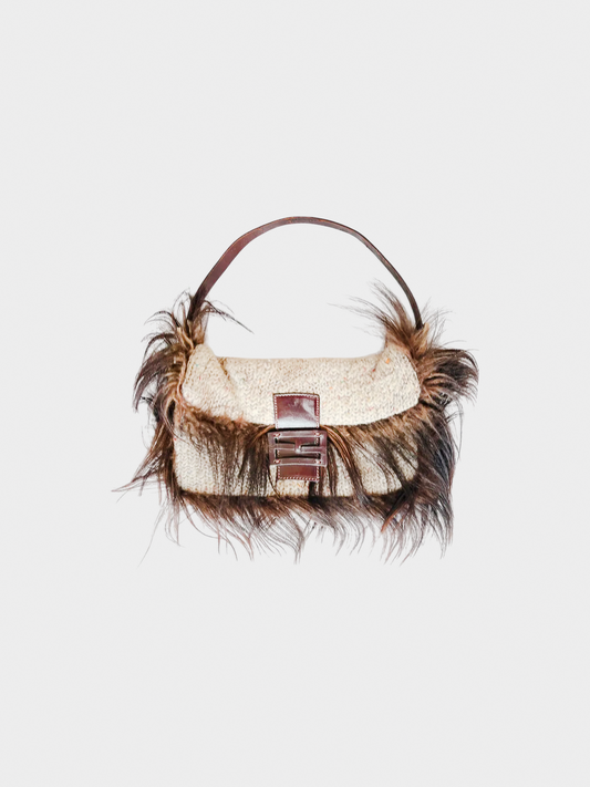 Fendi 2009 Brown Goat Fur Trim Wool Baguette Bag