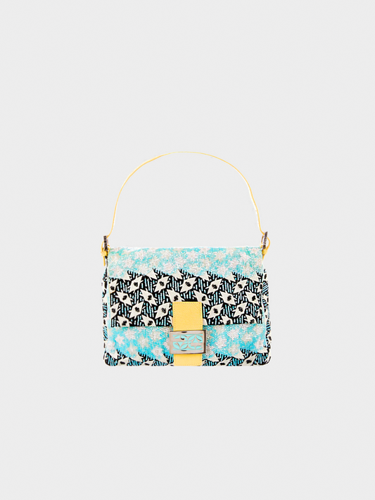 Fendi 2001 Limited Edition Blue Lizard Beaded Mamma Baguette Bag