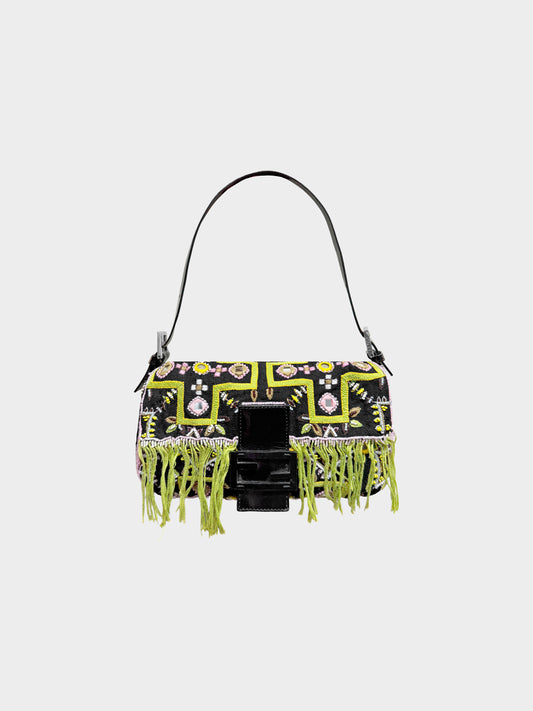 Fendi 2000s Multicolored Beadwork and Fringe Cloth Baguette