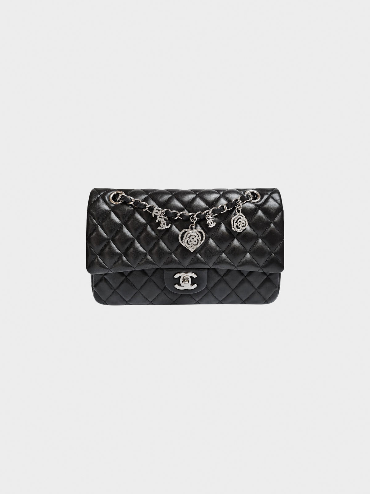 Chanel 2010s Black Quilted Lambskin Valentine Crystal Charms Medium Single Flap Bag