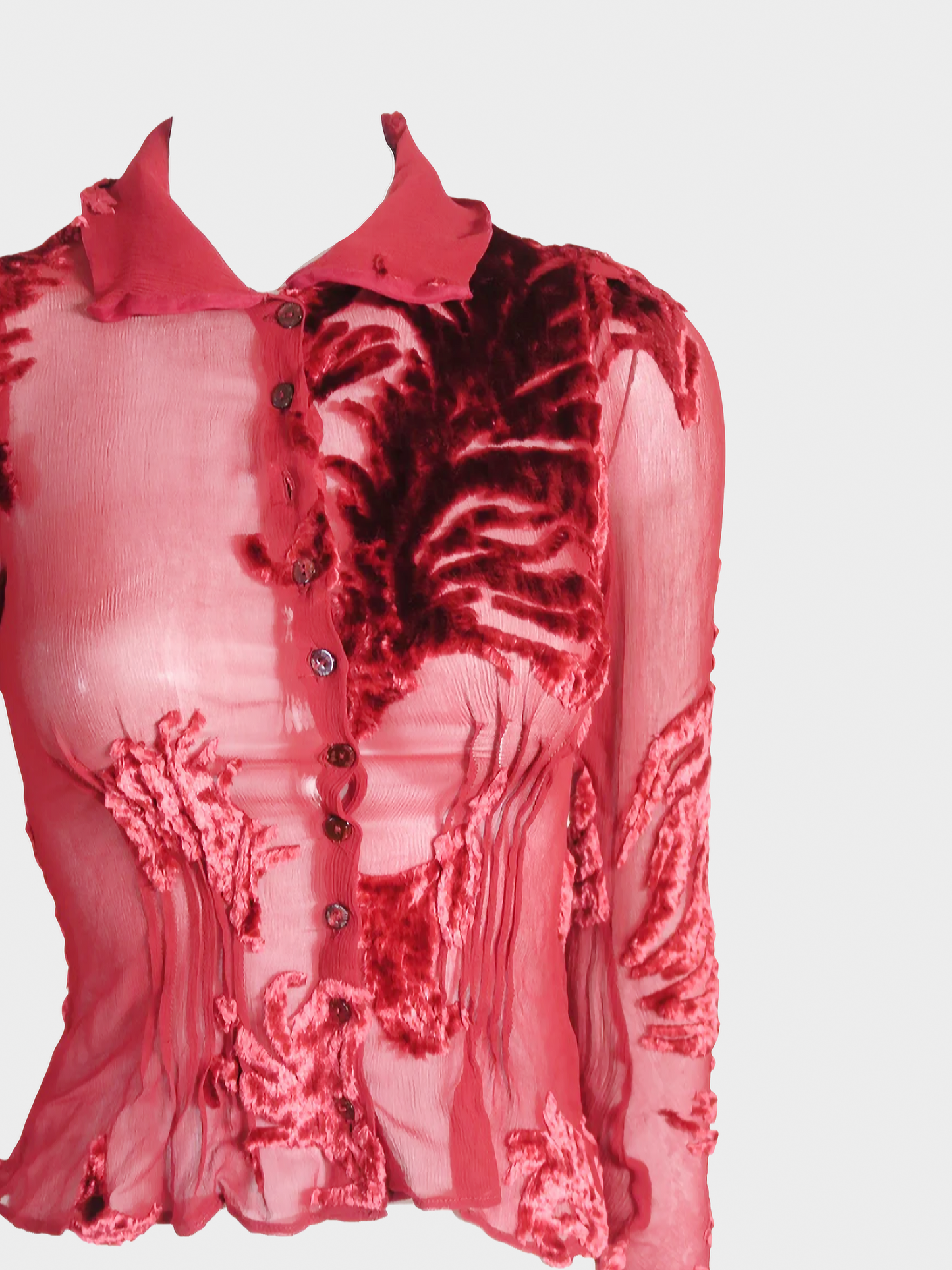 John Galliano 2000s Red Chiffon Silk Button Down Top