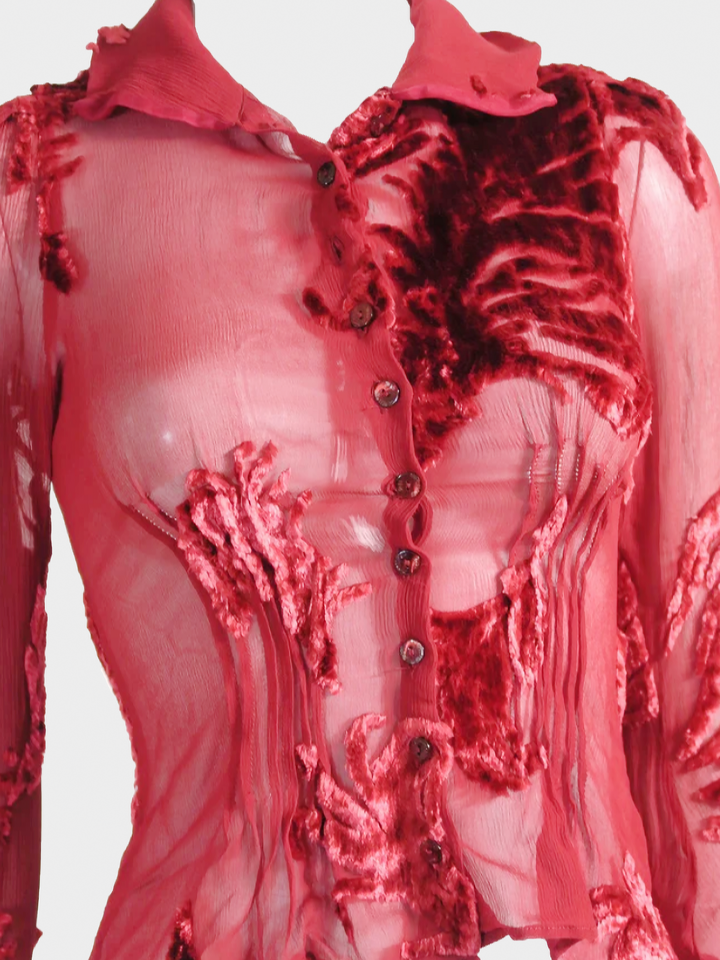 John Galliano 2000s Red Chiffon Silk Button Down Top