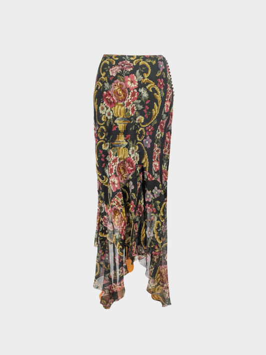 John Galliano FW 2004 Black Silk Floral Maxi Skirt