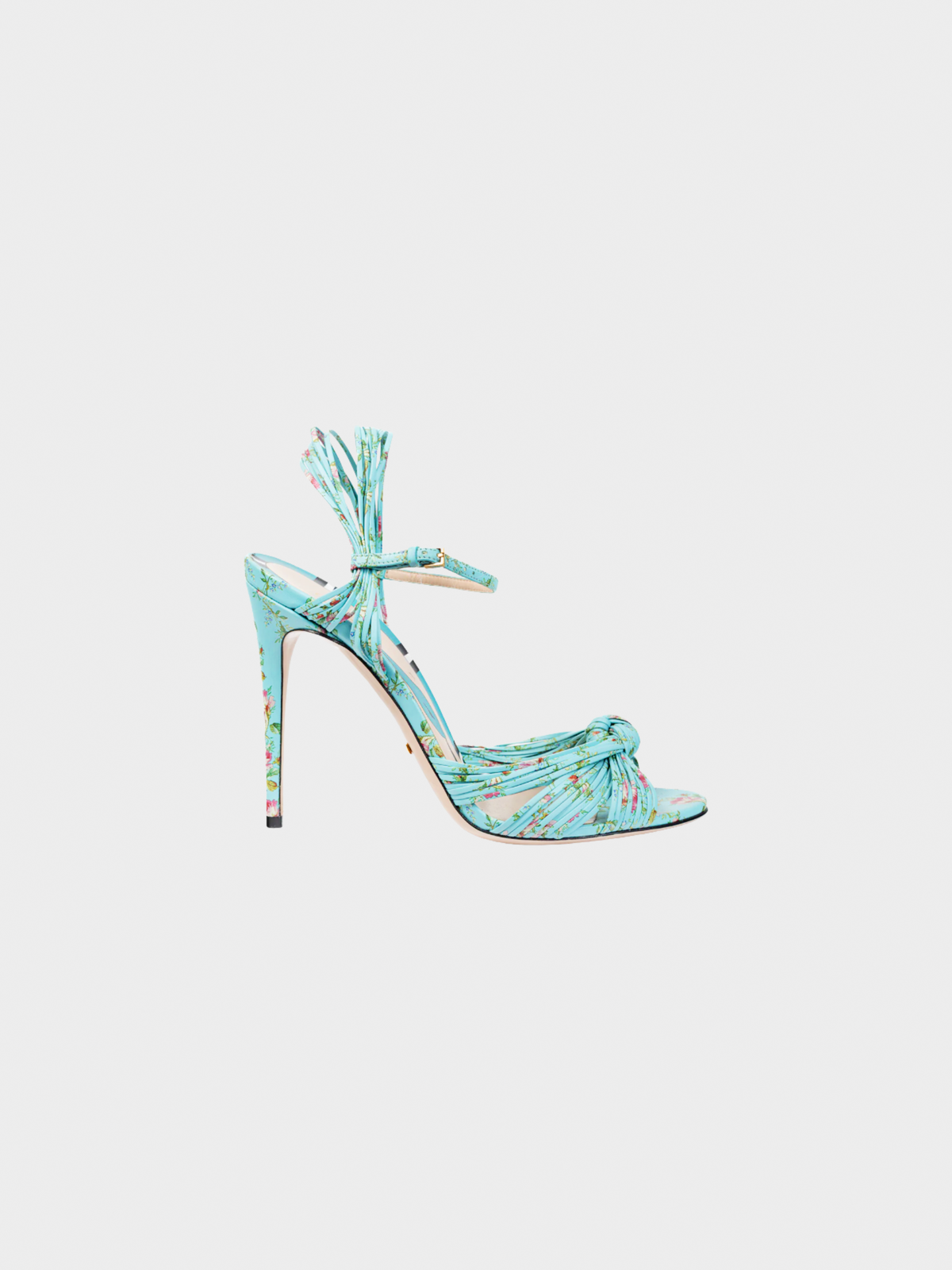 Gucci Pre-Fall 2017 Allie Light-Blue Floral-Print Leather Knotted High-Heel Sandals