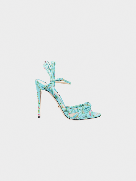 Gucci Pre-Fall 2017 Allie Light-Blue Floral-Print Leather Knotted High-Heel Sandals