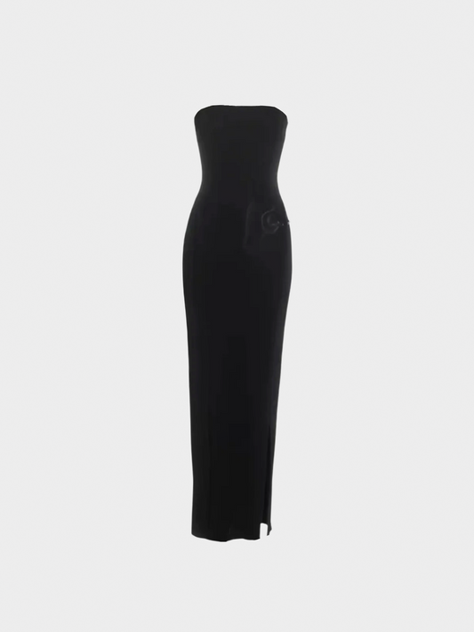 Gucci by Tom Ford 1998 Black Strapless Logo Belt Gown