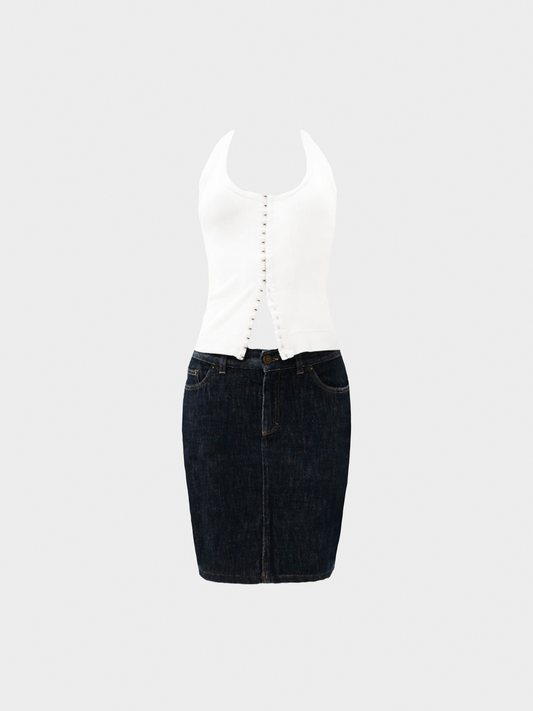 Gucci by Tom Ford SS 2002 Buttoned White Tank Top and Denim Skirt