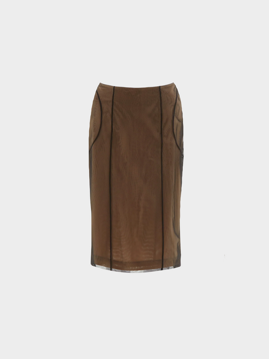 Gucci SS 2001 Beige Mesh Tulle Overlay Bodycon Skirt