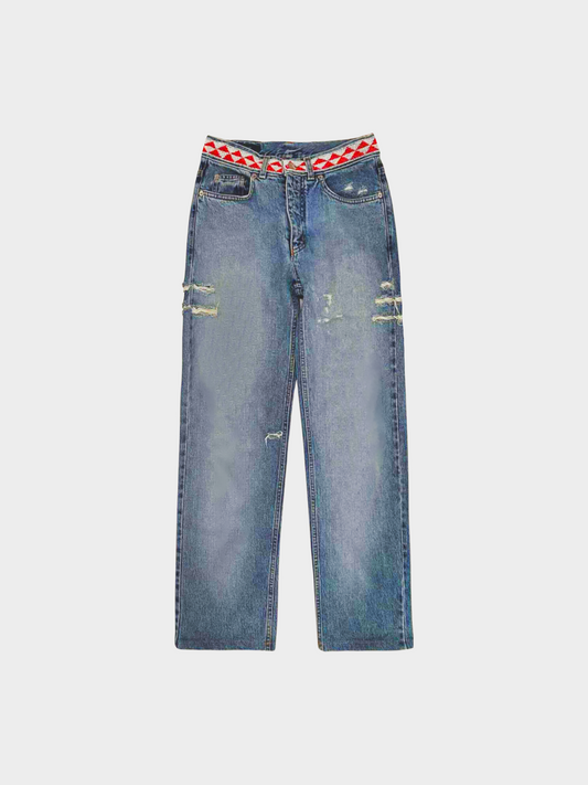 Gucci by Tom Ford SS 1999 Blue Denim Geometric Waistband Jeans