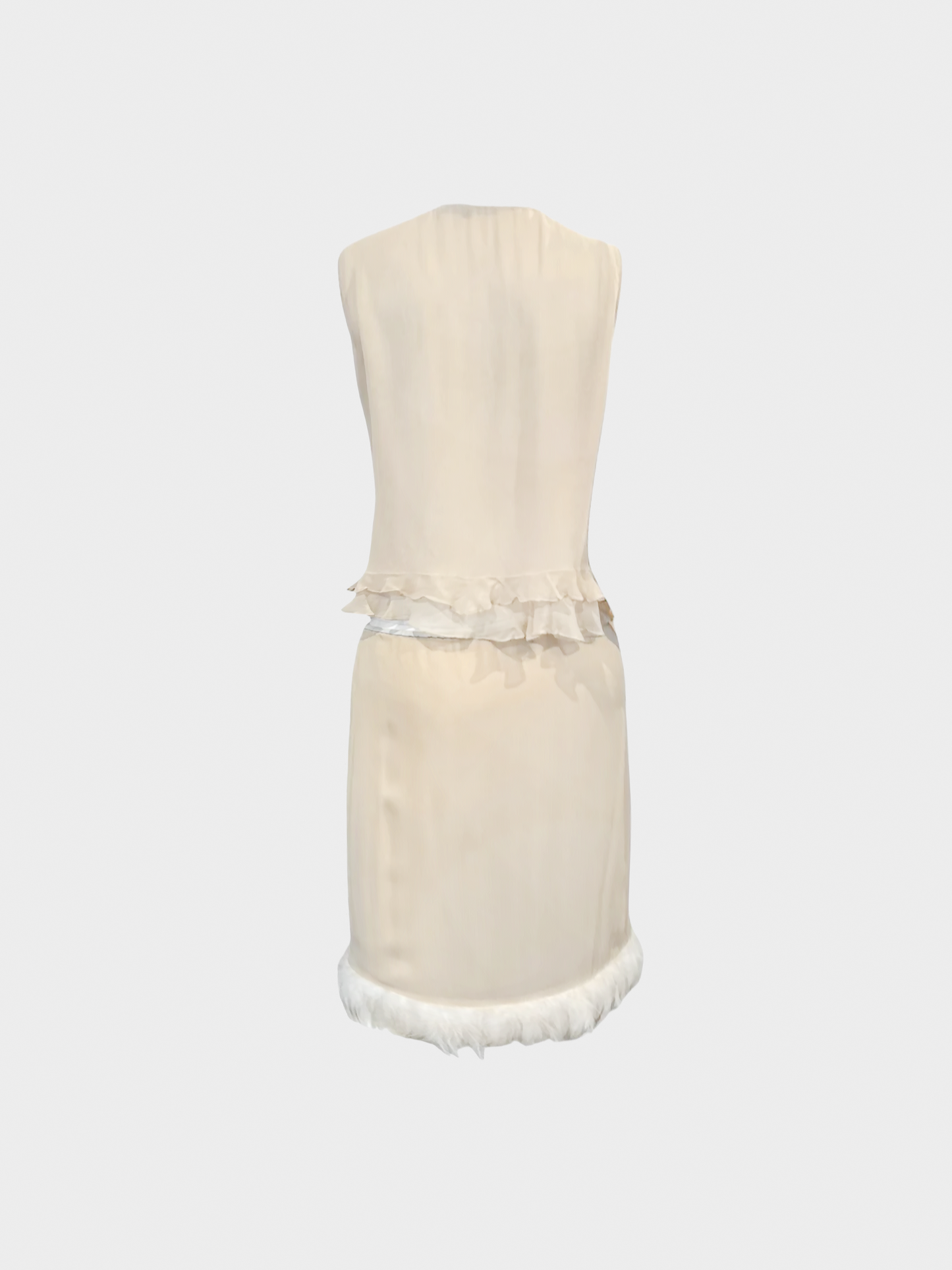 Gucci SS 1999 Runway Beige Silk Feathers Trim Two Piece Set