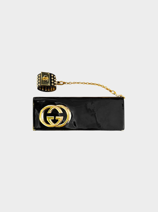 Gucci FW 2006 Black Patent Leather GG Clutch with Chain and Studded Cuff