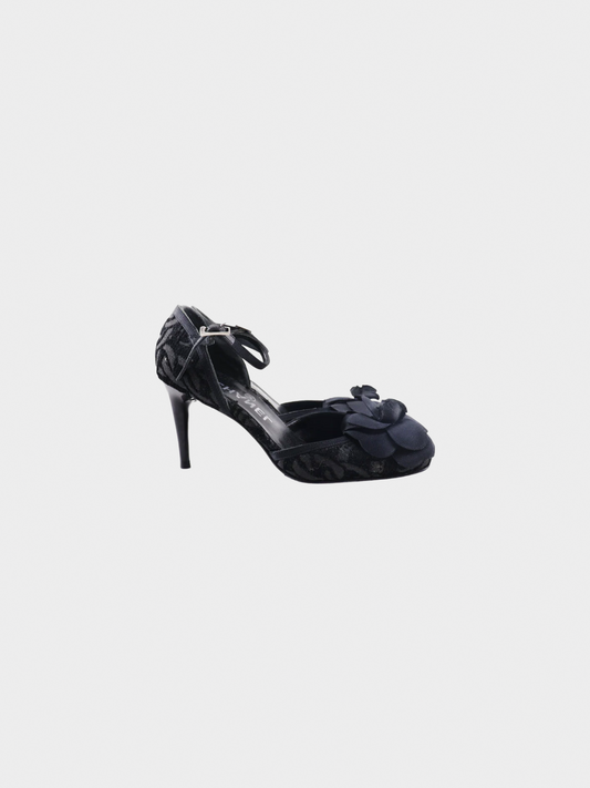 Chanel 2000s Black Camellia Satin Heels