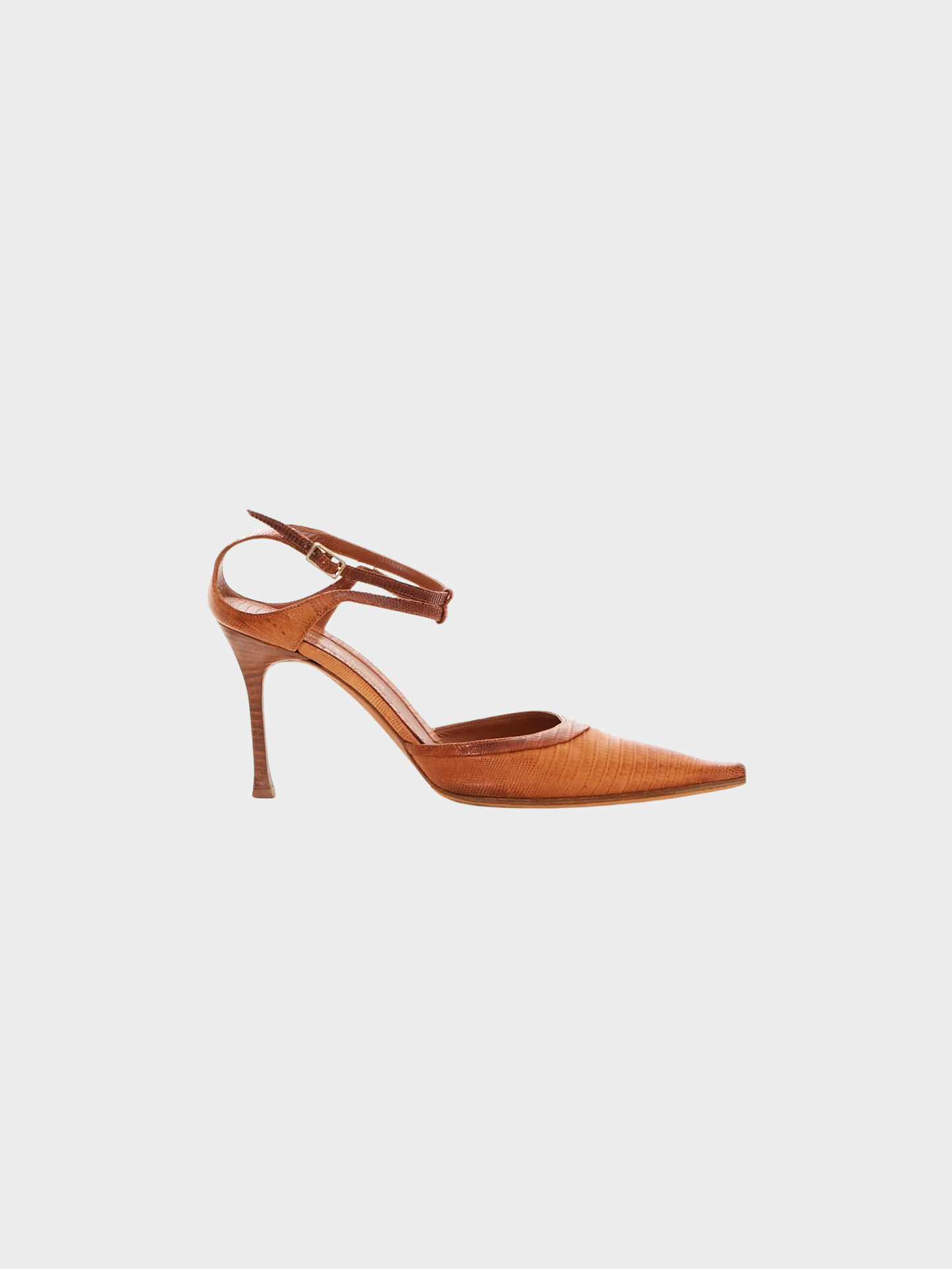 Sergio Rossi 2000s Brown Lizard Leather Pointed Toe Ankle Strap Sandals